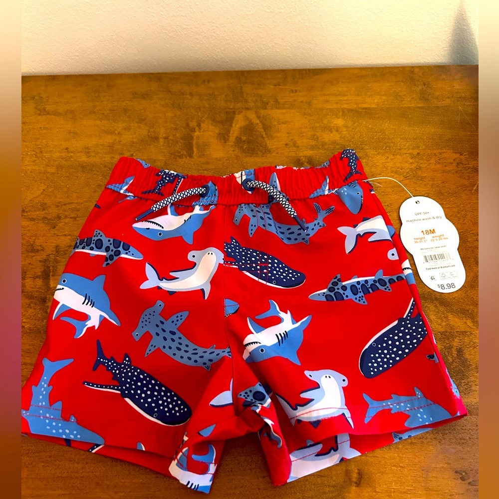 Wonder Nation Red Shark Print Boys Swim Trunks 18M